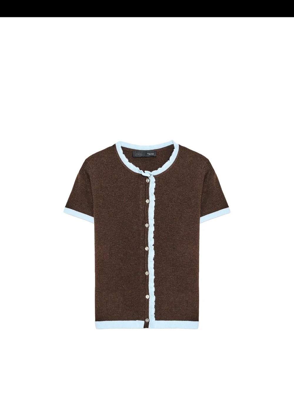 Short Sleeve Combination Knit Jacket - Brown & Blue trim Size Small